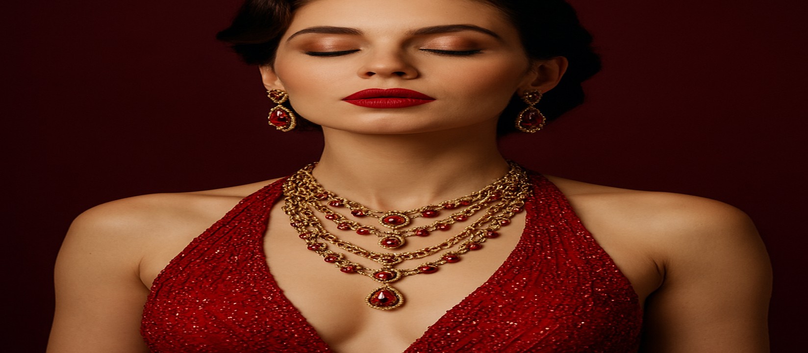 7j77 গেমিং প্ল্যাটফর্মে টেবিলে লাল পোশাকে সজ্জিত এক নারী উপস্থাপক